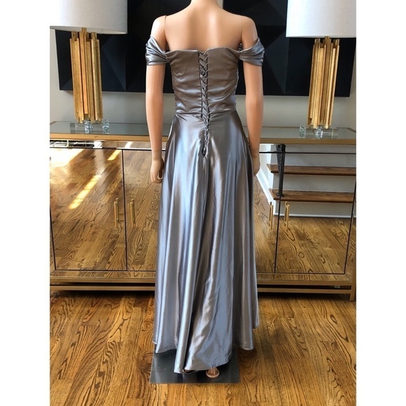 Off Shoulder Bridesmaid Prom Side Slit Satin Formal Evening with Pockets Dress - Picture 6 of 13